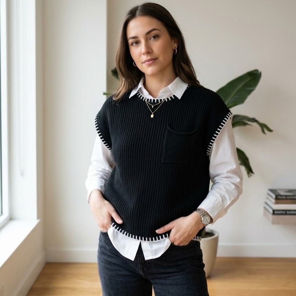Dokotoo Sweater Women's Contrast Whipstitch Ribbed Knit Size L Black